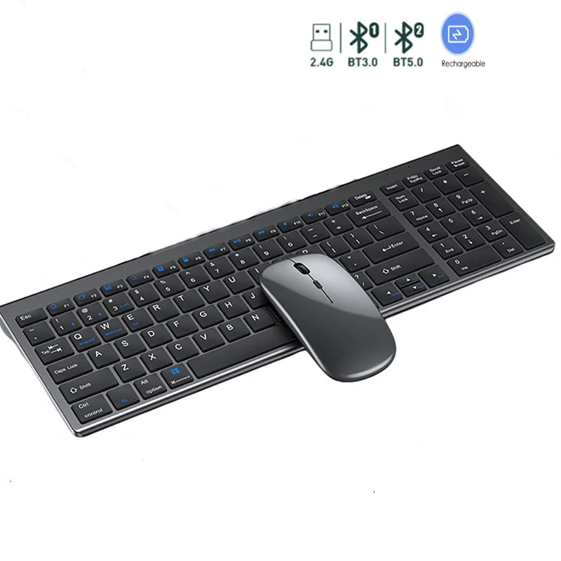 Silent Bluetooth Keyboard and Mouse Set - Multi-Device, Rechargeable, Full-Size for Laptop and PC